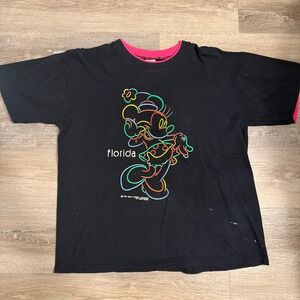 Vintage Velva Sheen Disney Minnie Mouse Florida Neon T-Shirt Black Pink XL 90s